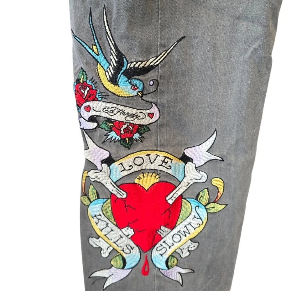 Ed Hardy High Rise Light Gray Embroidered Tattoo Rose Heart Wide Leg Jeans 32